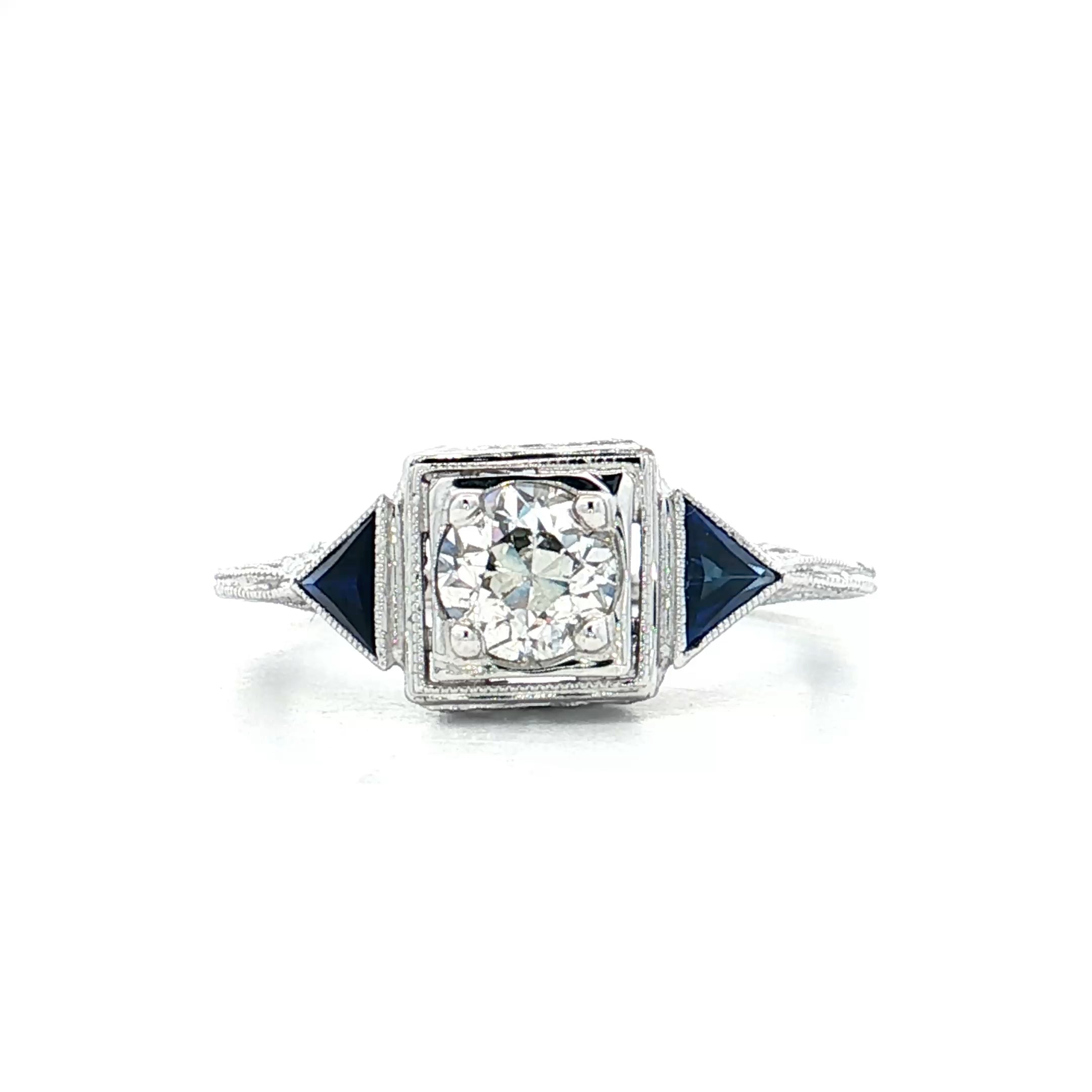 55 Antique Diamond & Sapphire Engagement Ring 18k – Filigree Jewelers