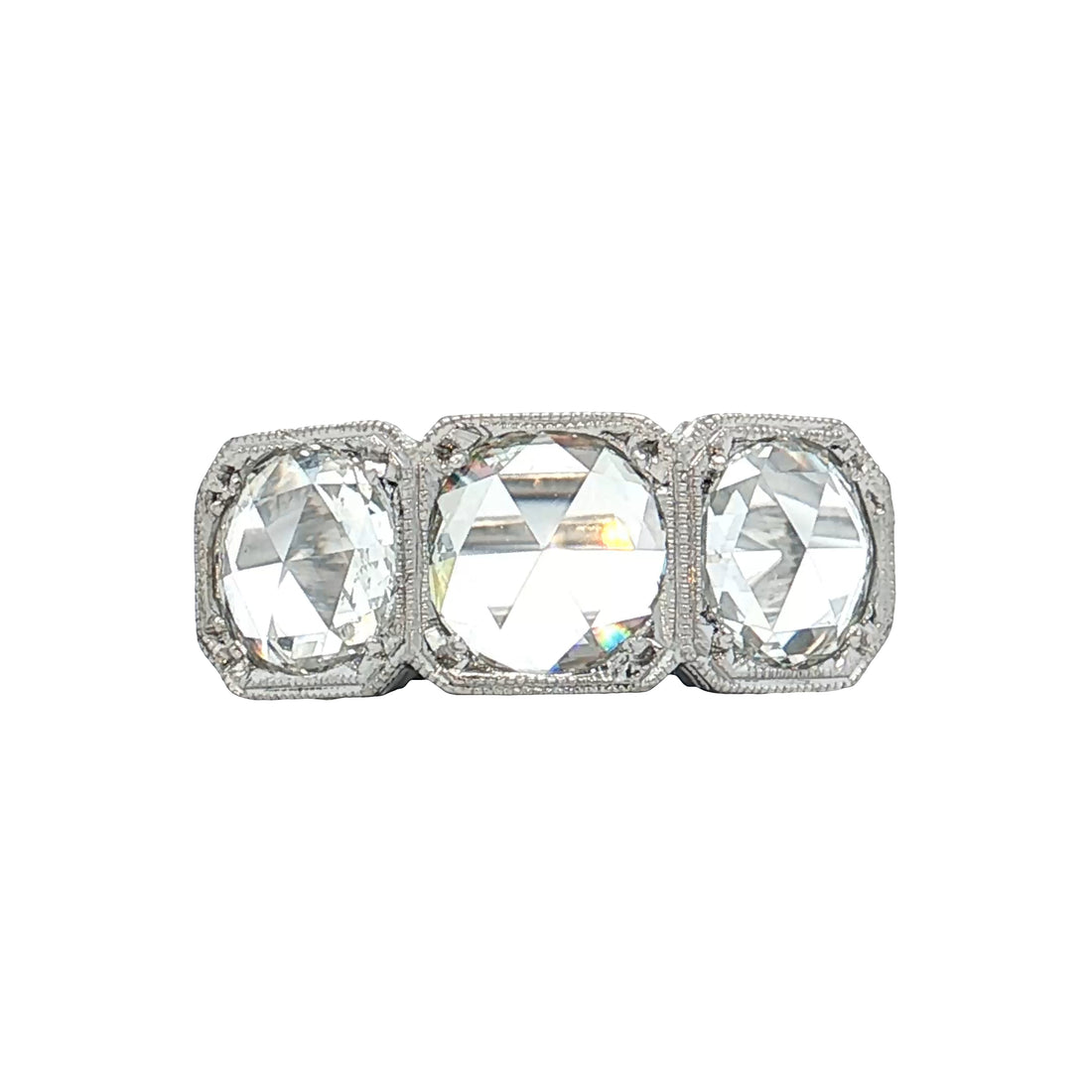 1.95 Antique Three Stone Rose Cut Diamond Engagement Ring 18k