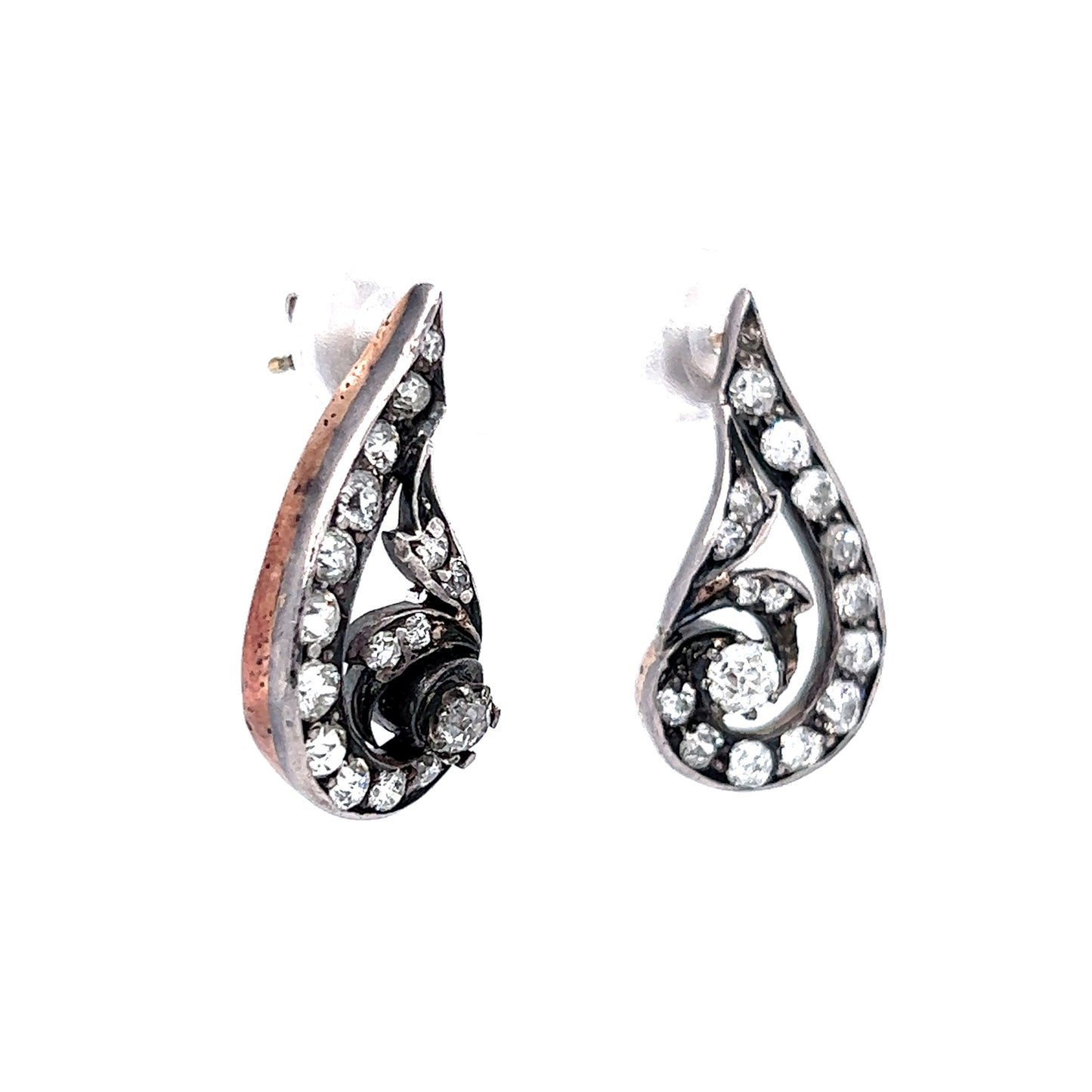 Victorian/Art Nouveau Earrings .65 Old European Cut Diamonds in 18k Rose Gold & Sterling Silver
