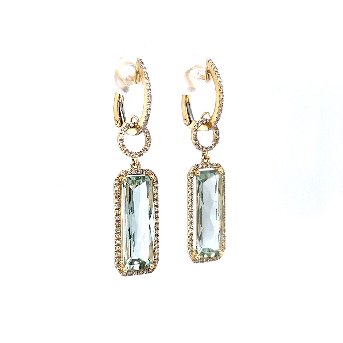 7.78 Green Quartz & Diamond Drop Earring in 14k Yellow Gold