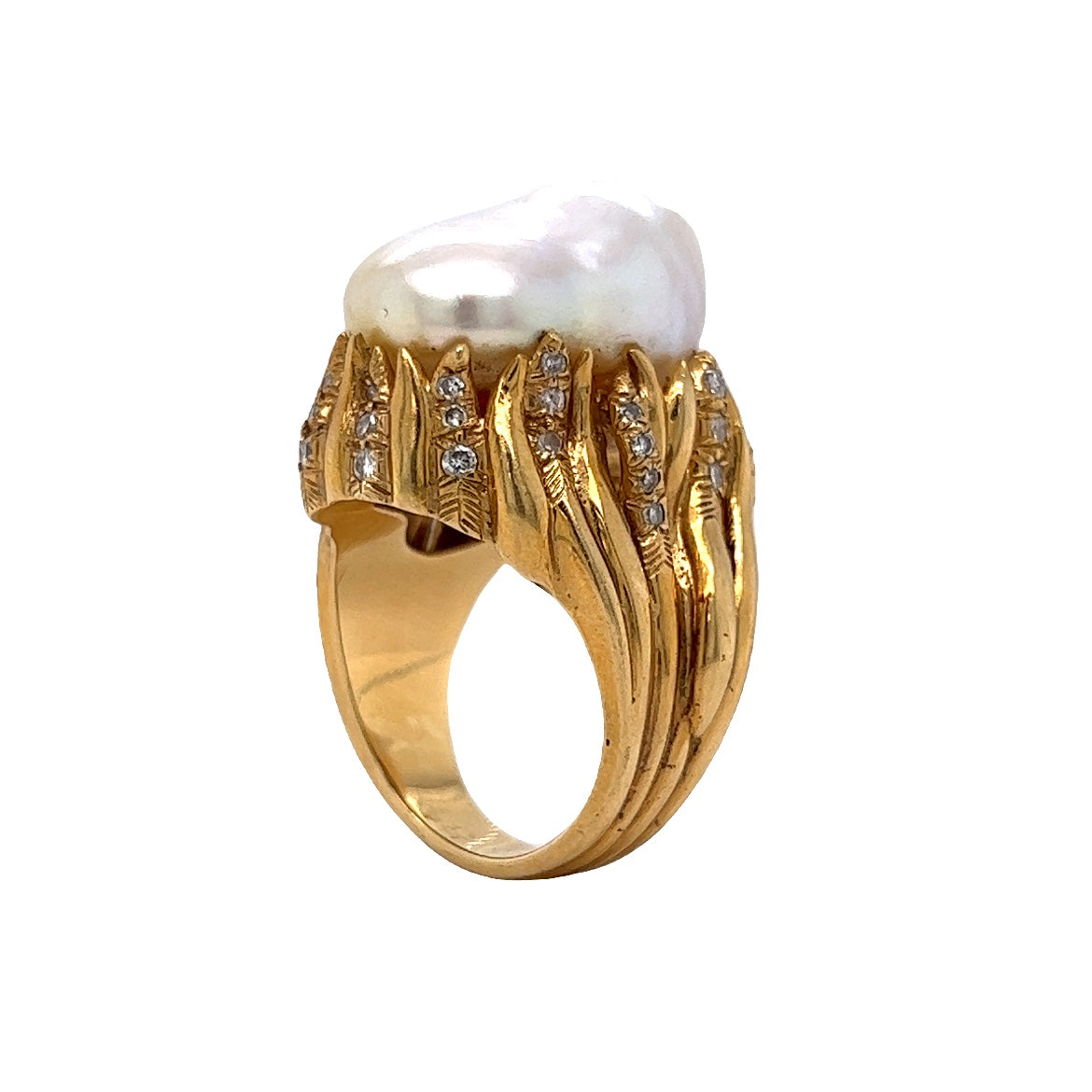 Vintage Mid-Century Pearl & Diamond Cocktail Ring in 18k Yellow Gold