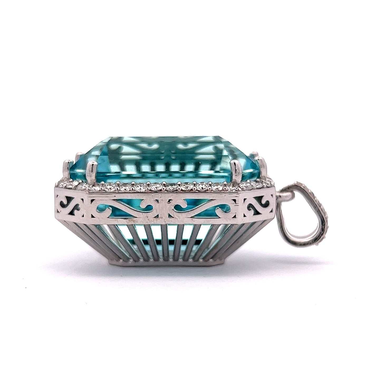 71.80 Emerald Cut Aquamarine & Diamond Pendant Necklace in 14K White Gold