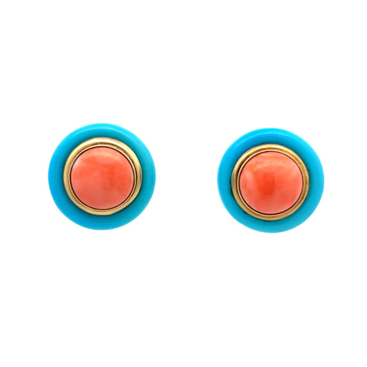 Vintage Inspired Coral & Turquoise Earrings in 14k Yellow Gold