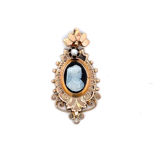Victorian Pearl Cameo Pendant In 14K Yellow Gold