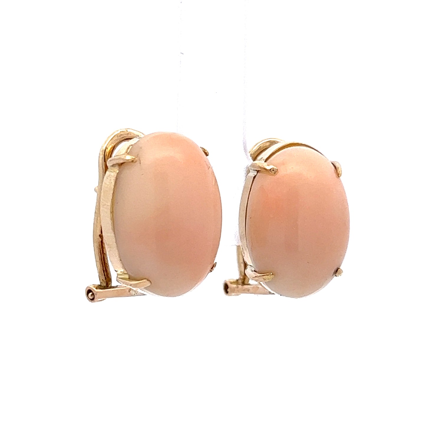 Cabochon Angel Skin Coral Earrings in 14k Yellow Gold