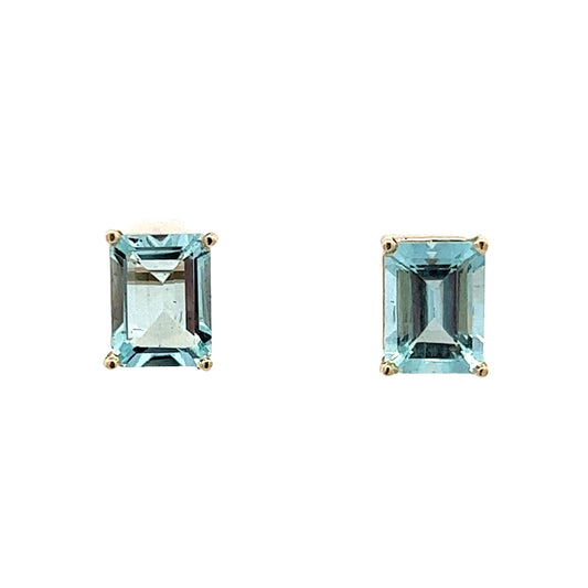 2.86 Emerald Cut Aquamarine Stud Earrings in Yellow Gold