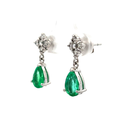 1.79 Pear Cut Emerald & Diamond Drop Earrings in White Gold