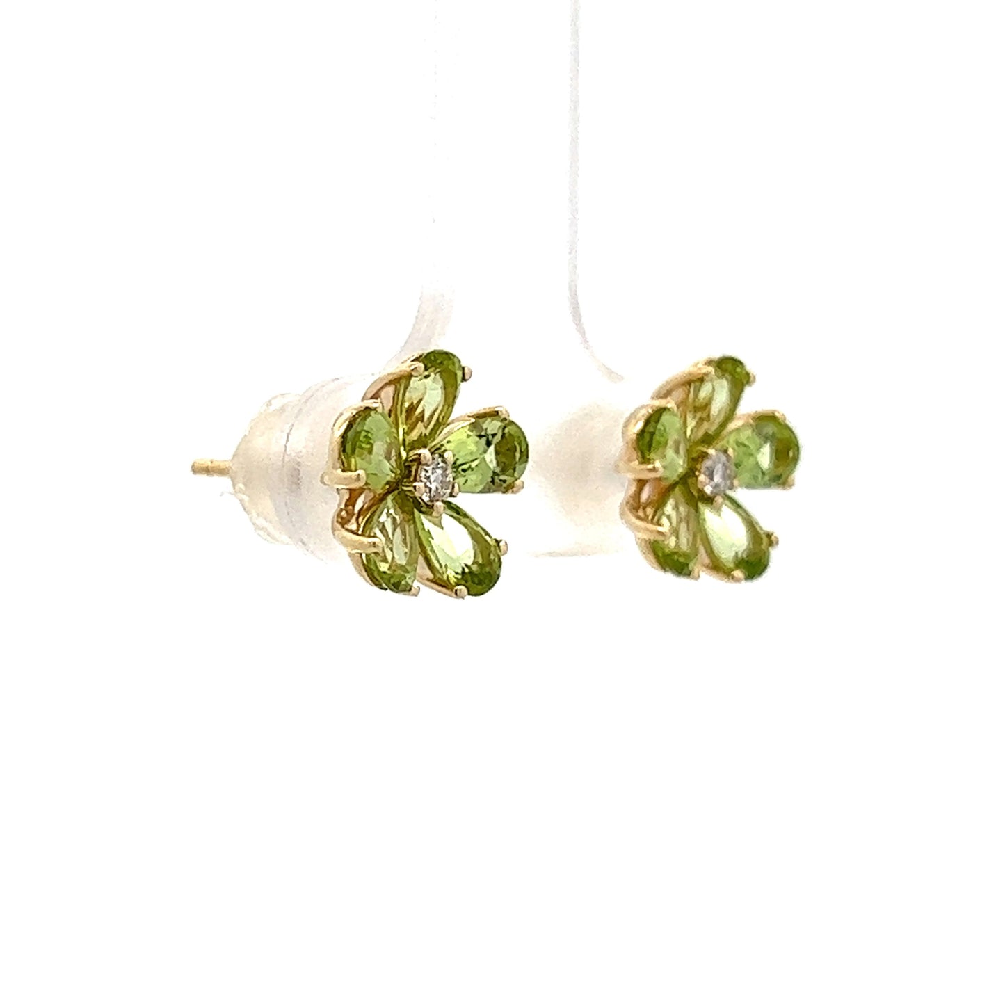 Peridot & Diamond Floral Stud Earrings in 14k Yellow Gold