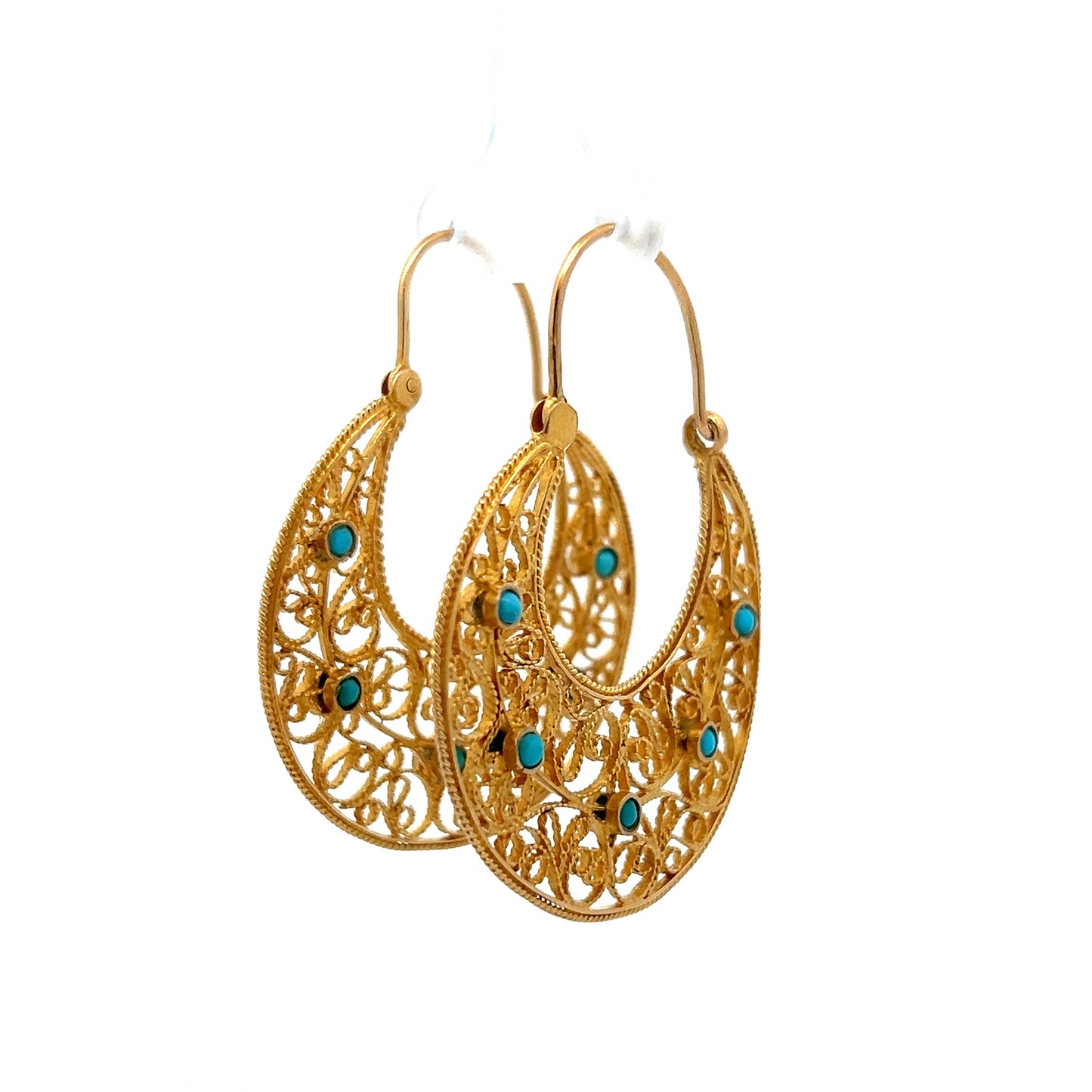 Vintage 1960's Turquoise Hoop Earrings in Yellow Gold