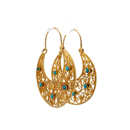 Vintage 1960's Turquoise Hoop Earrings in Yellow Gold