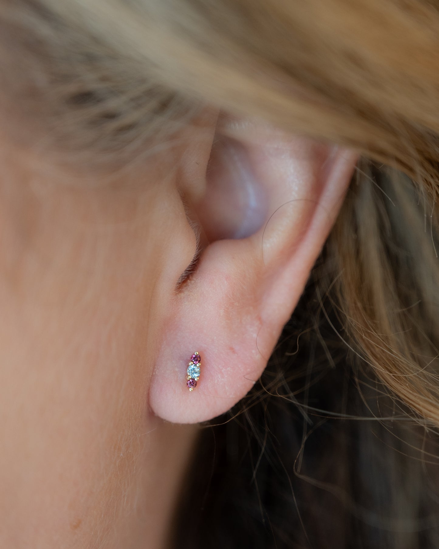 Blue Topaz & Garnet Stud Earrings in 14k Yellow Gold