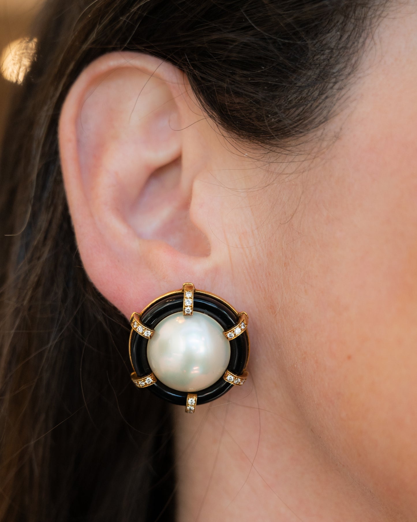 Mabe Pearl, Diamond & Onyx Stud Earrings in 18k Yellow Gold