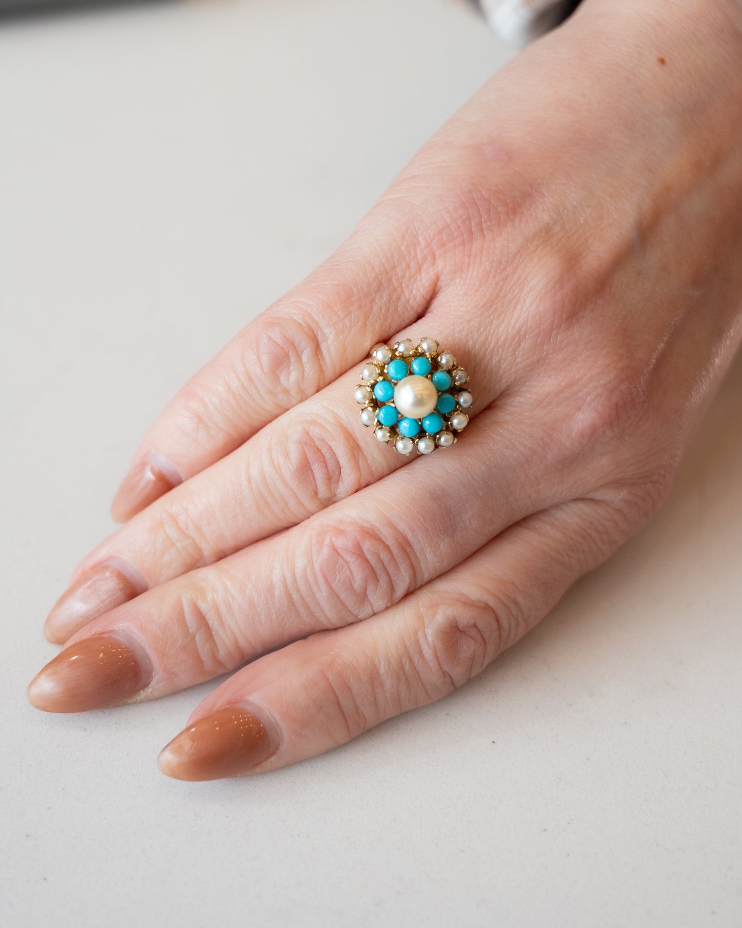 Victorian Antique Turquoise & Pearl Cocktail Ring in 14k