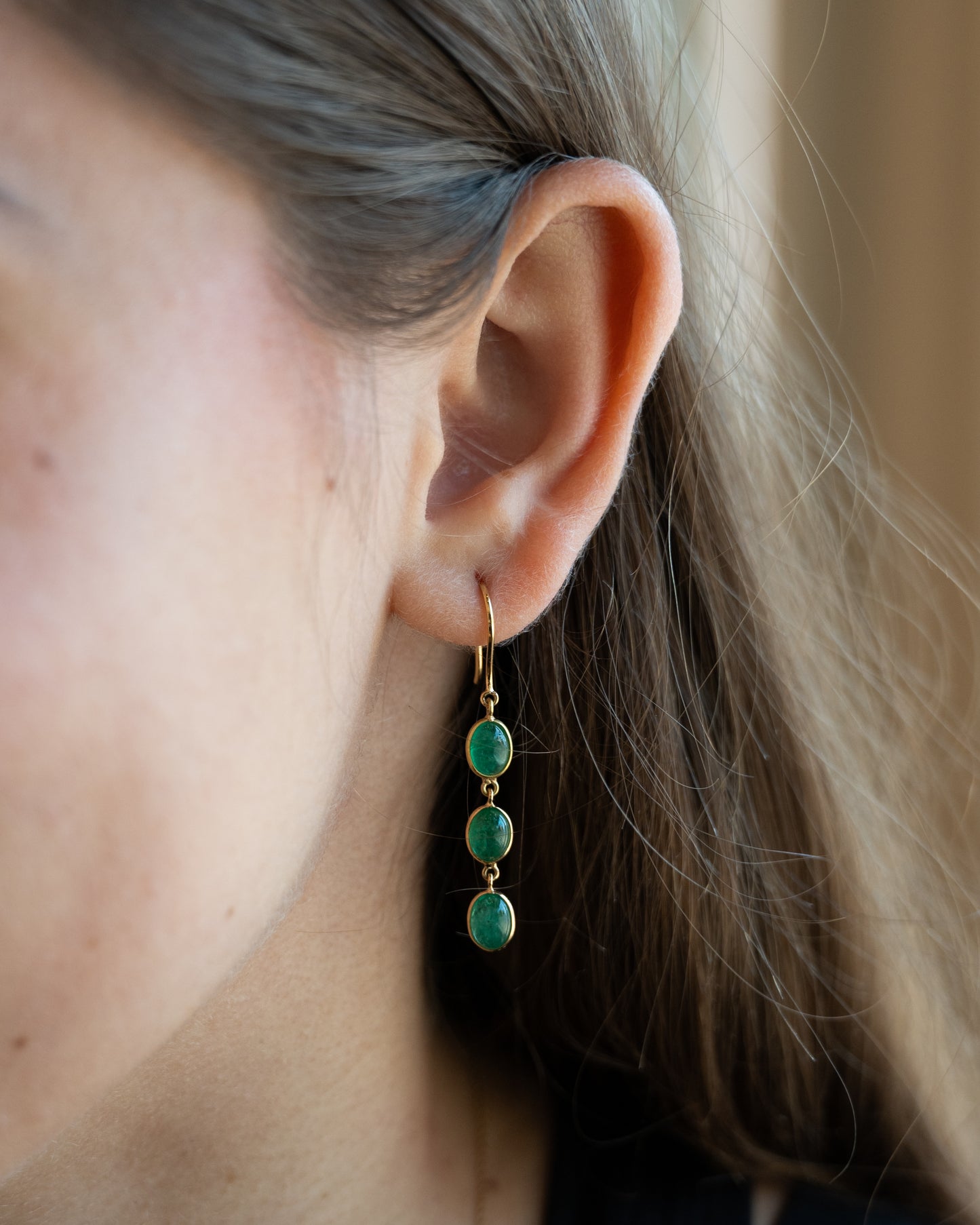 3.84 Cabochon Emerald Earrings in 14k Yellow Gold