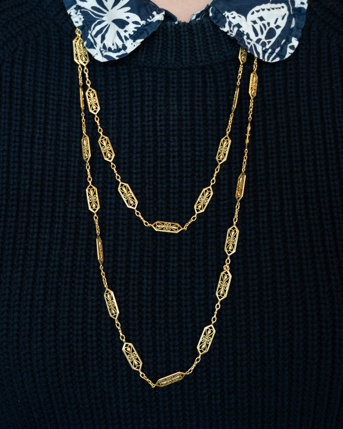 Antique Victorian 60" Filigree Link Chain Necklace in 18k