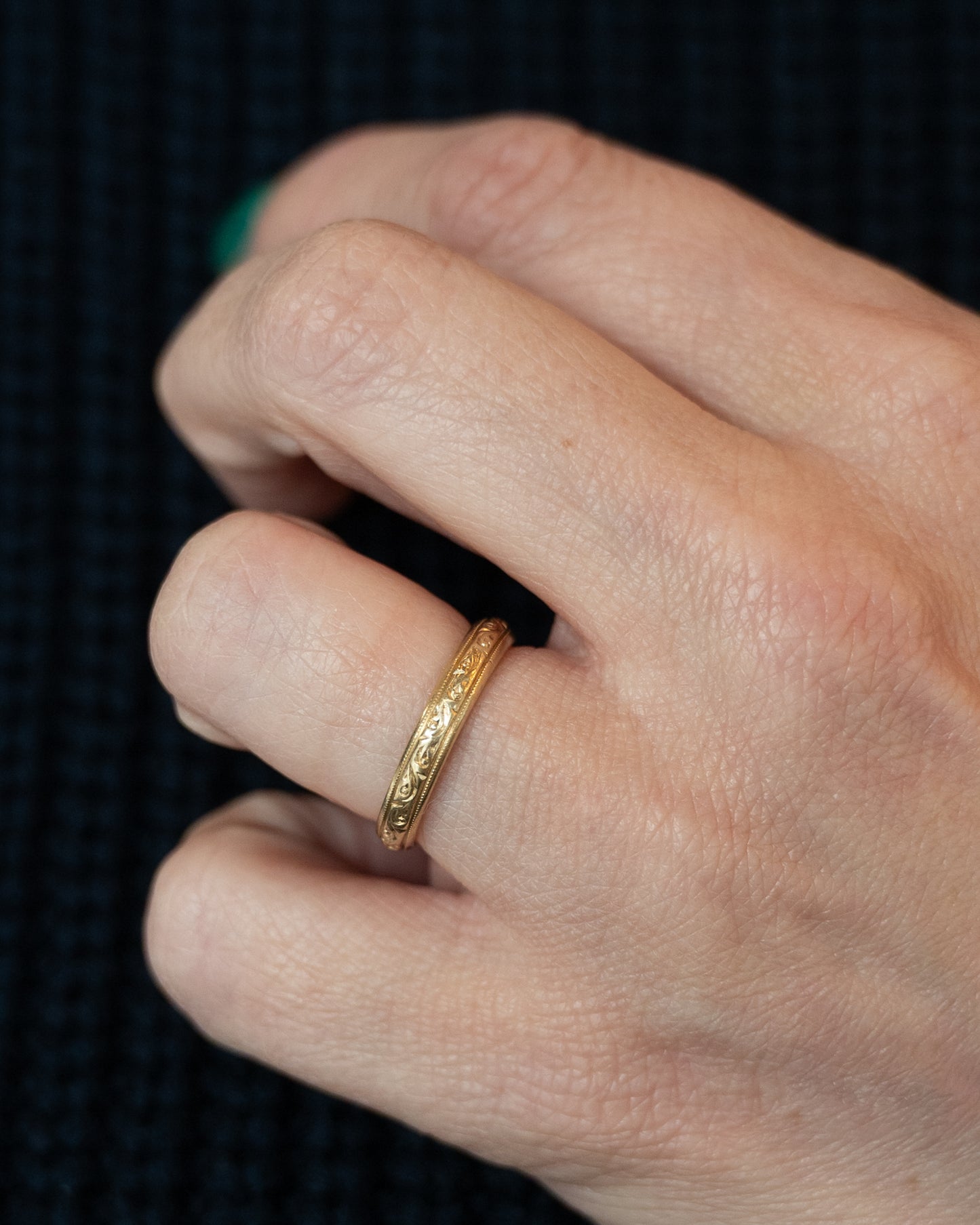 Vintage Retro Engraved Wedding Band in 14k