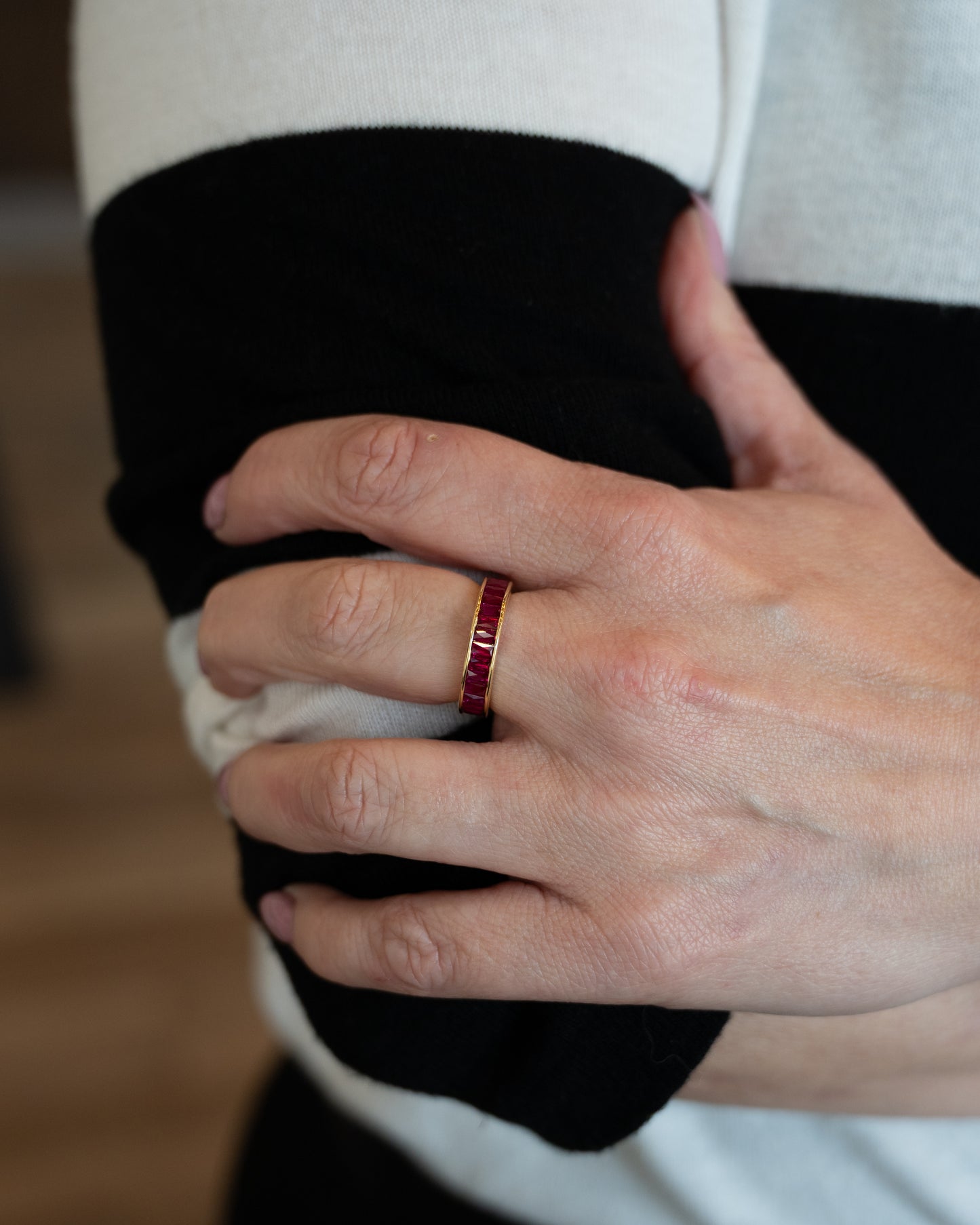 3.77 French Cut Ruby Eternity Band in 18k Yellow Gold