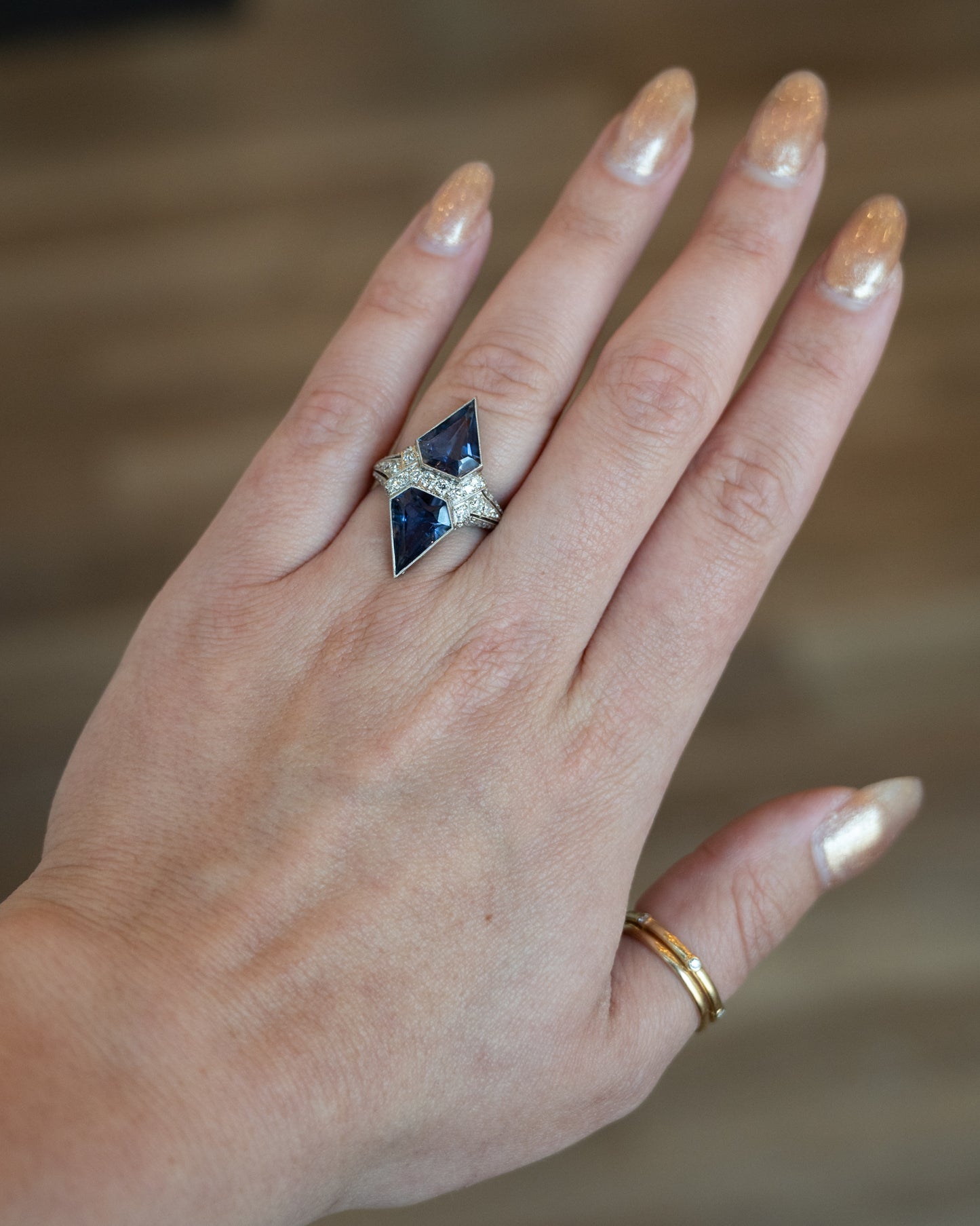 5.86 Antique Deco Shield Iolite Cocktail Ring Platinum