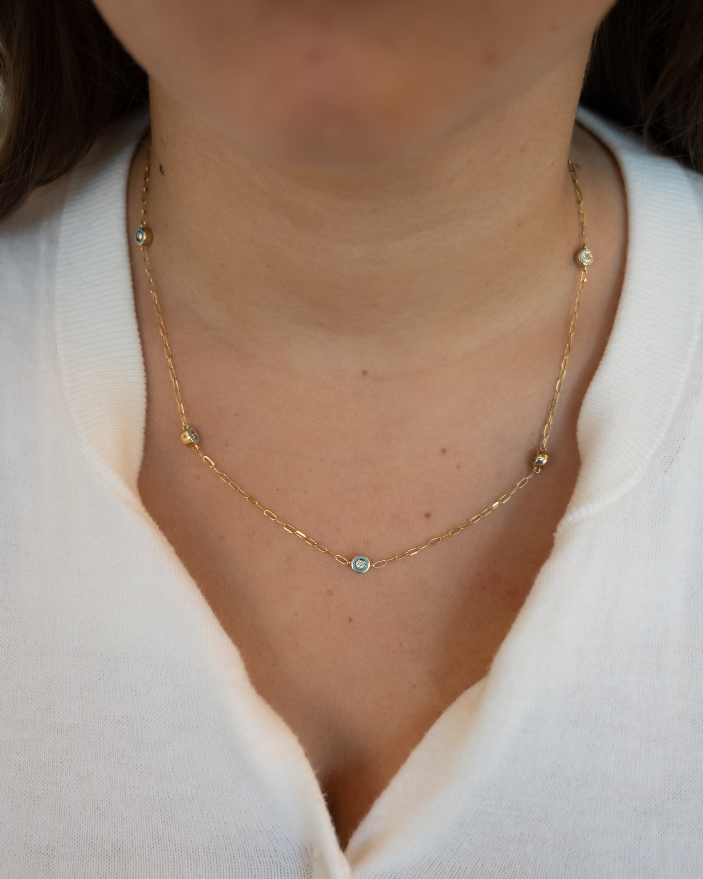.18 Turquoise Enamel Bezel Diamond by the Yard Necklace 14k