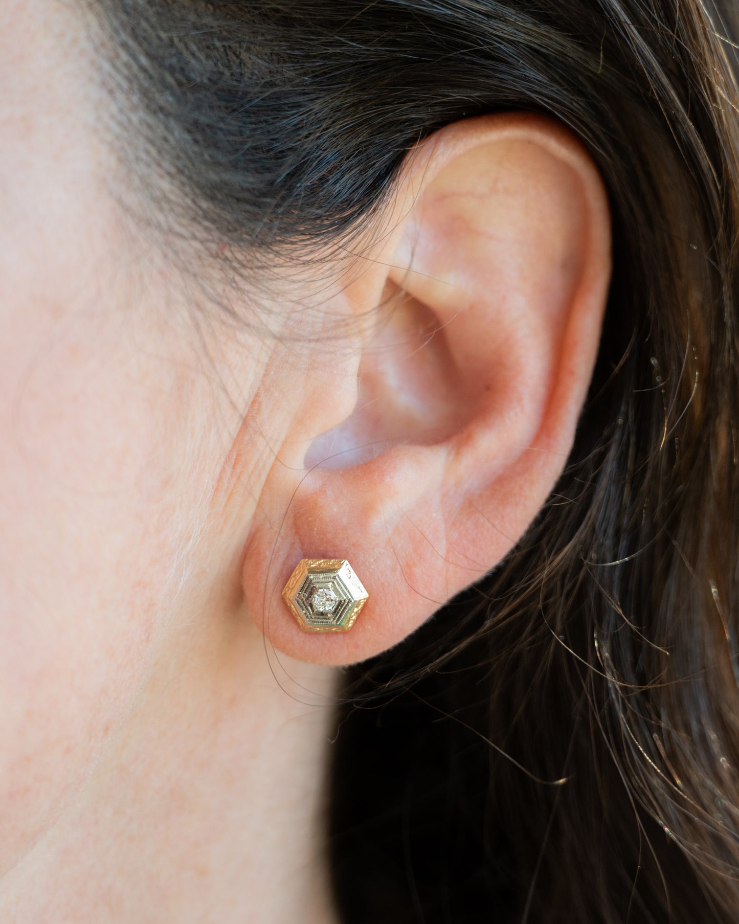 .12 Vintage Retro Hexagon Diamond Earring Studs 14k