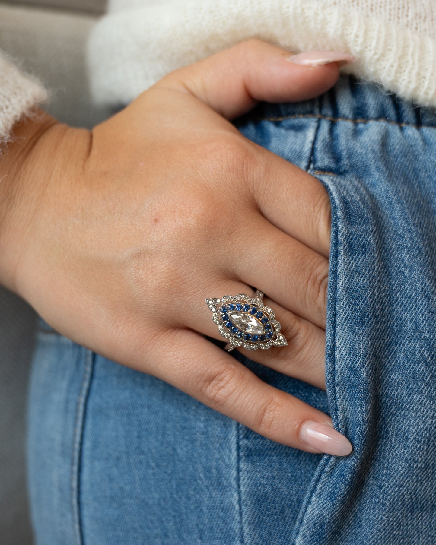 1.15 Marquise & Sapphire Navette Cocktail Ring 14k