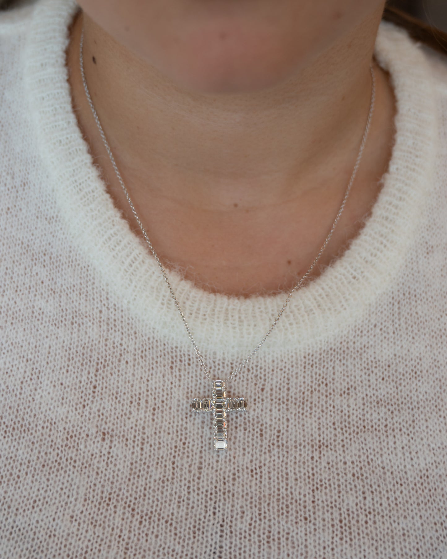 3.42 Emerald Cut Diamond Cross Pendant in 18k