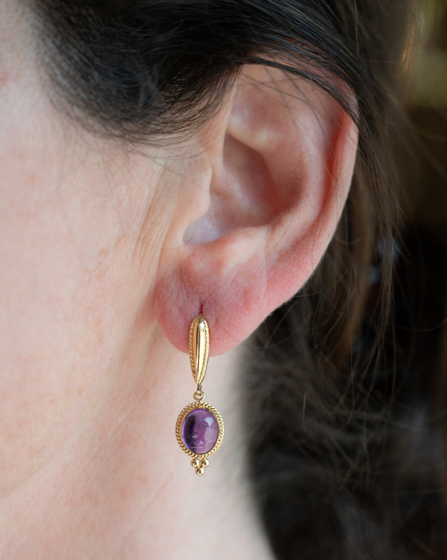 5.20 Cabochon Amethyst Drop Earrings in 14k Yellow Gold
