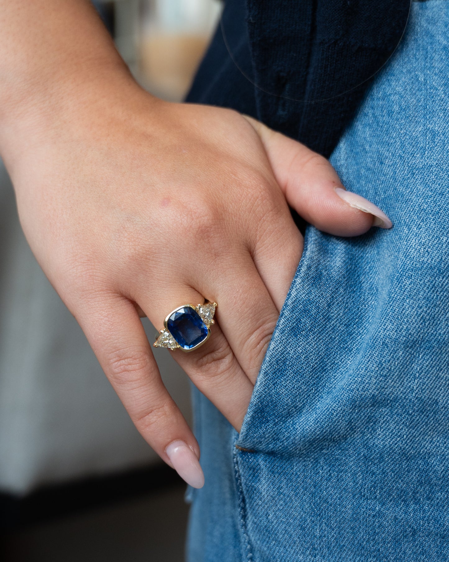 7.07 Cushion Blue Sapphire Engagement Ring 14k