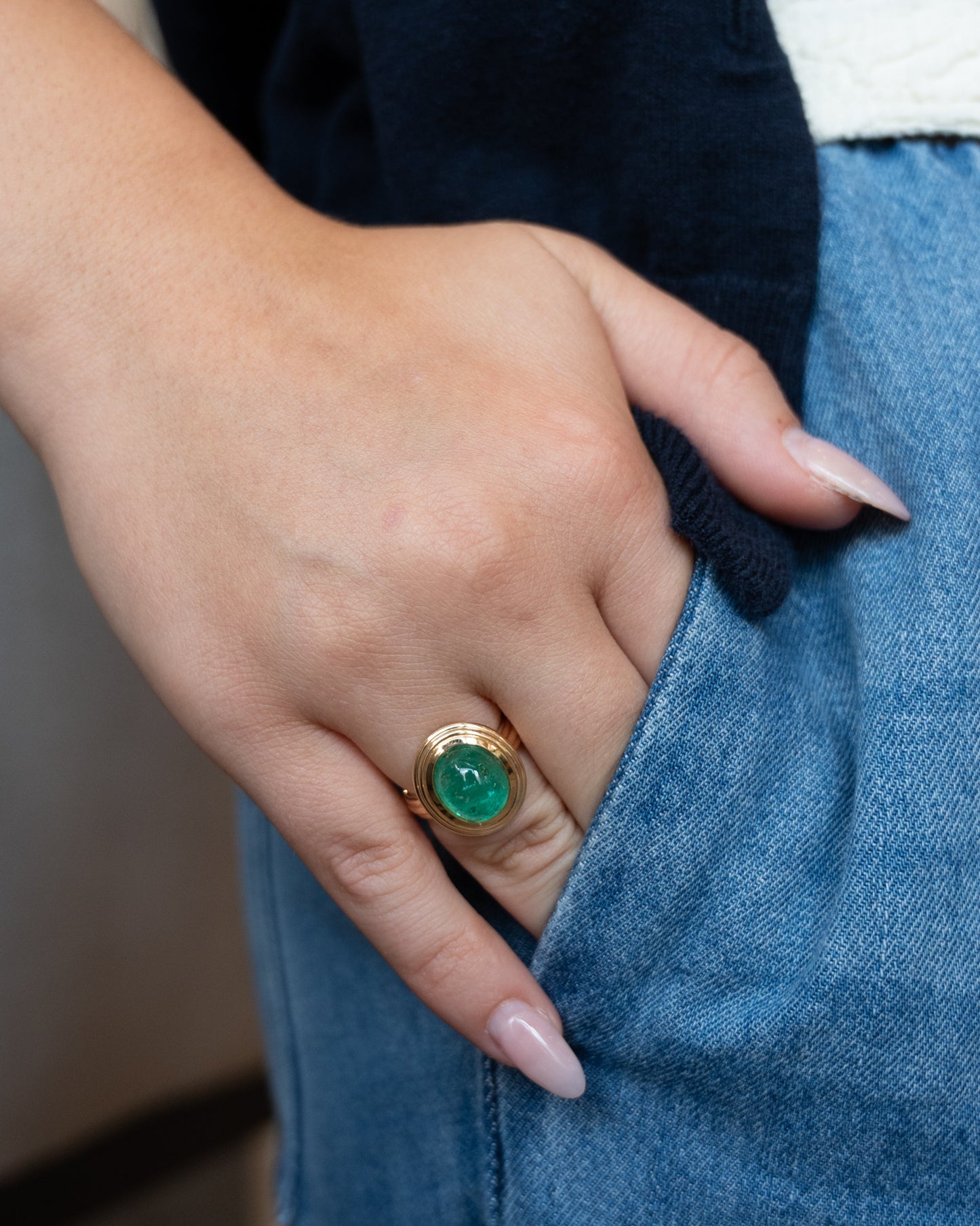 5.96 Cabochon Emerald Cocktail Ring in 14k Yellow Gold