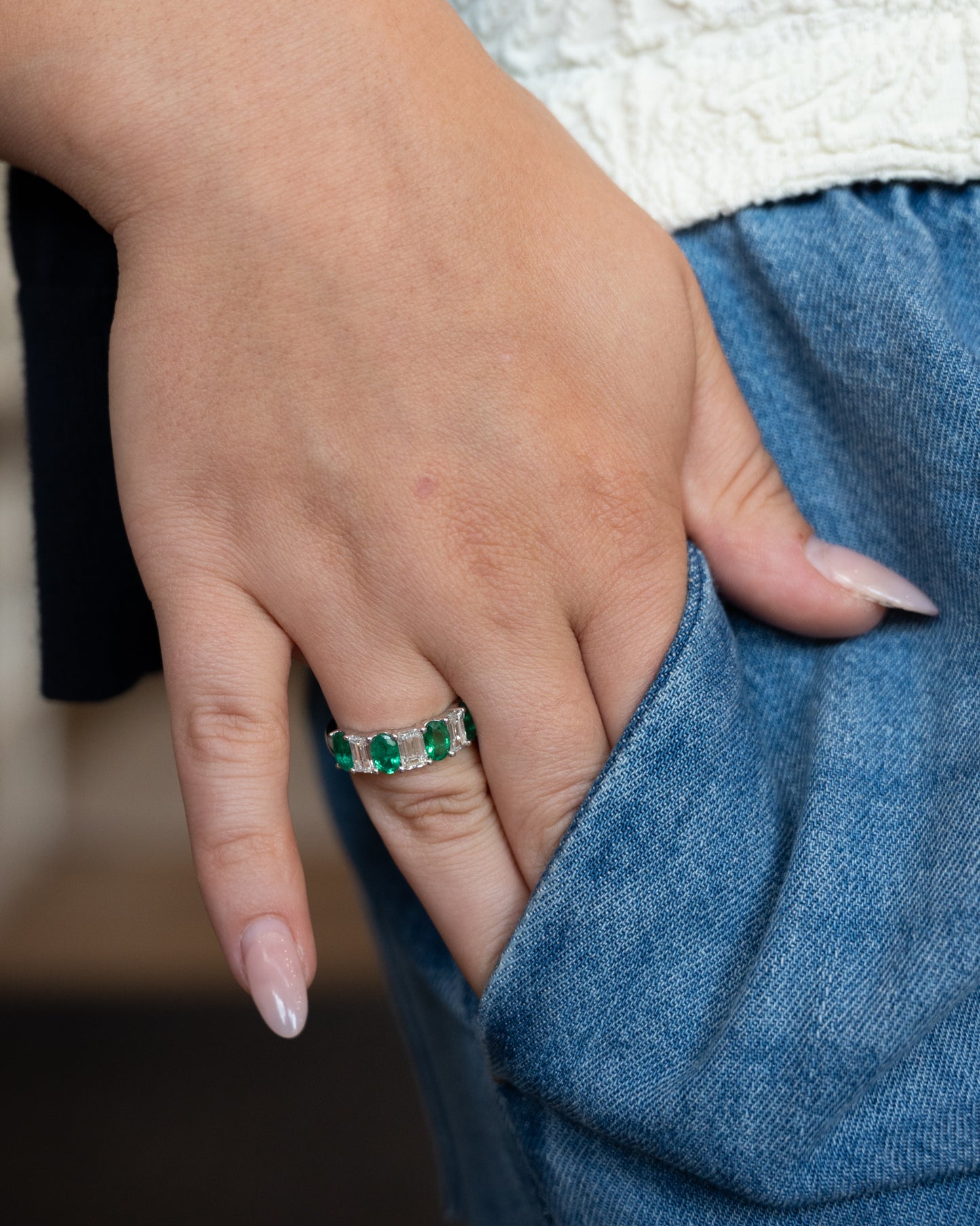 1.50 Emerald & Diamond Stacking Ring in 18k White Gold