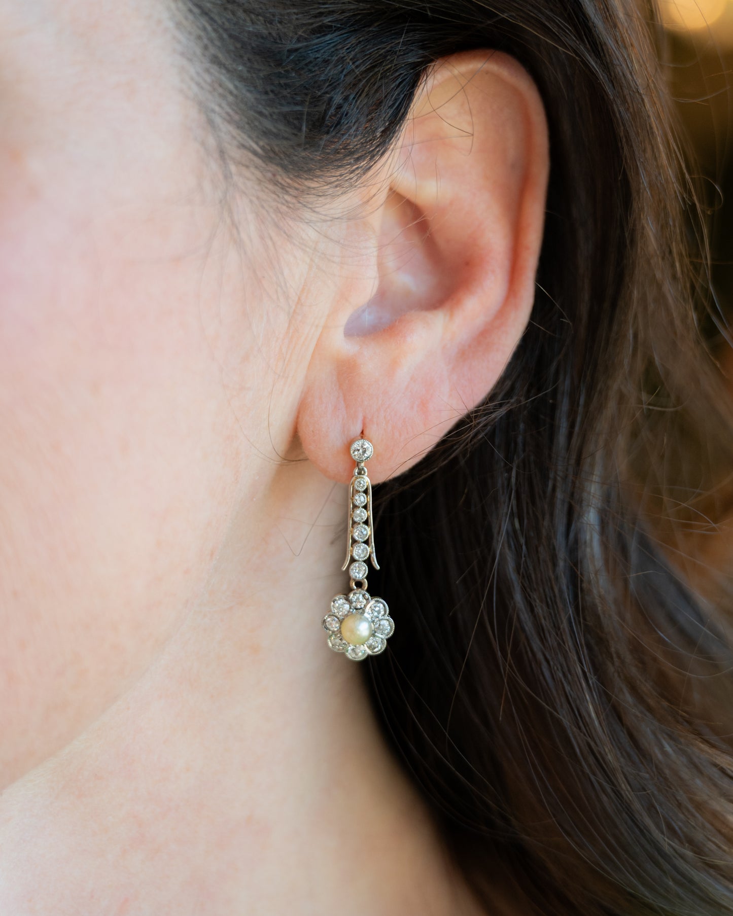 1.48 Antique Edwardian Diamond & Pearl Earrings Platinum/18k