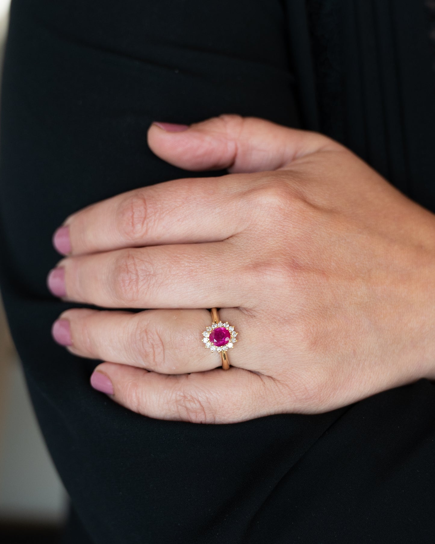 1.27 Ruby & Diamond Halo Engagement Ring in 18k