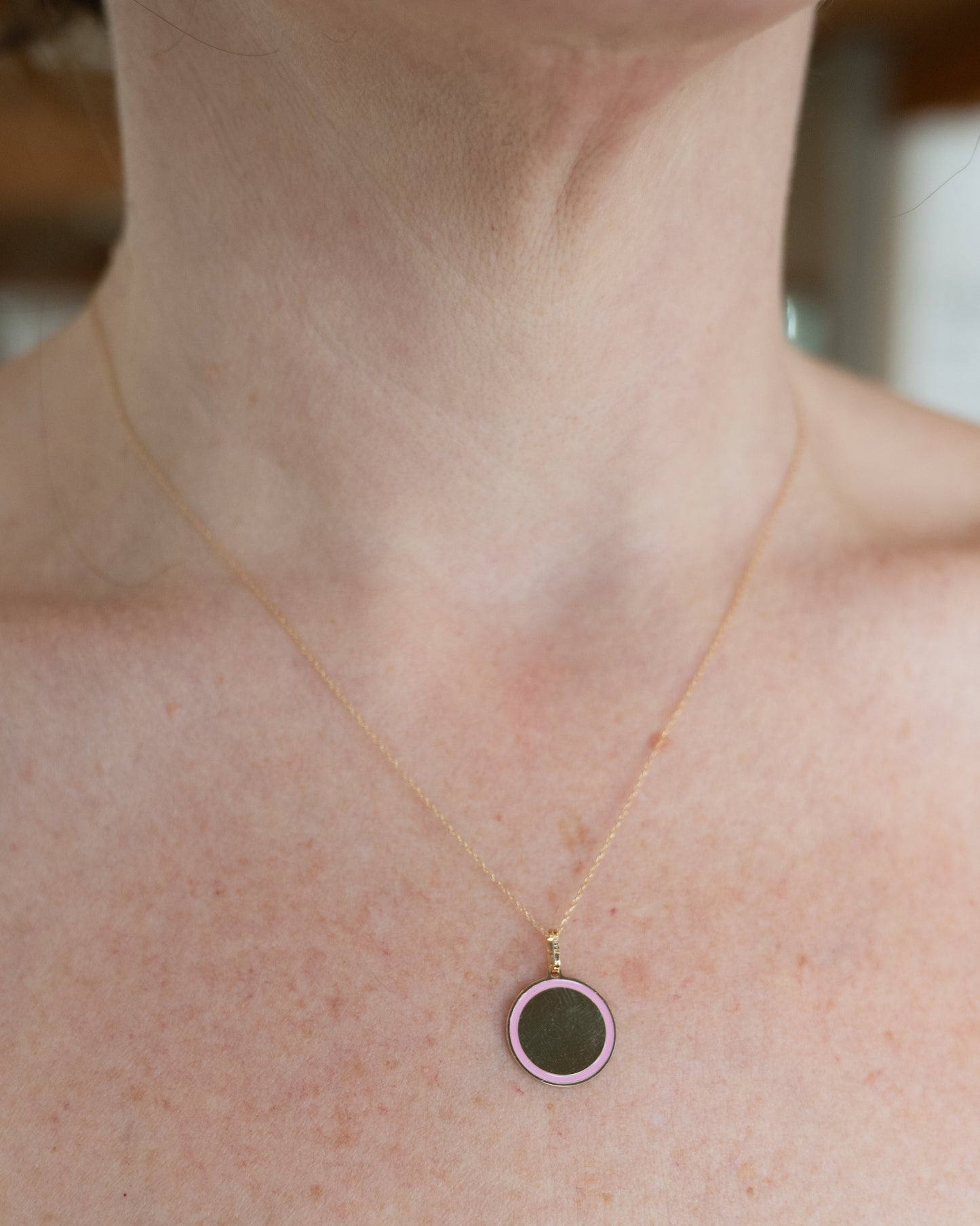 Pink Enamel Disc Pendant Necklace in 14k Yellow Gold