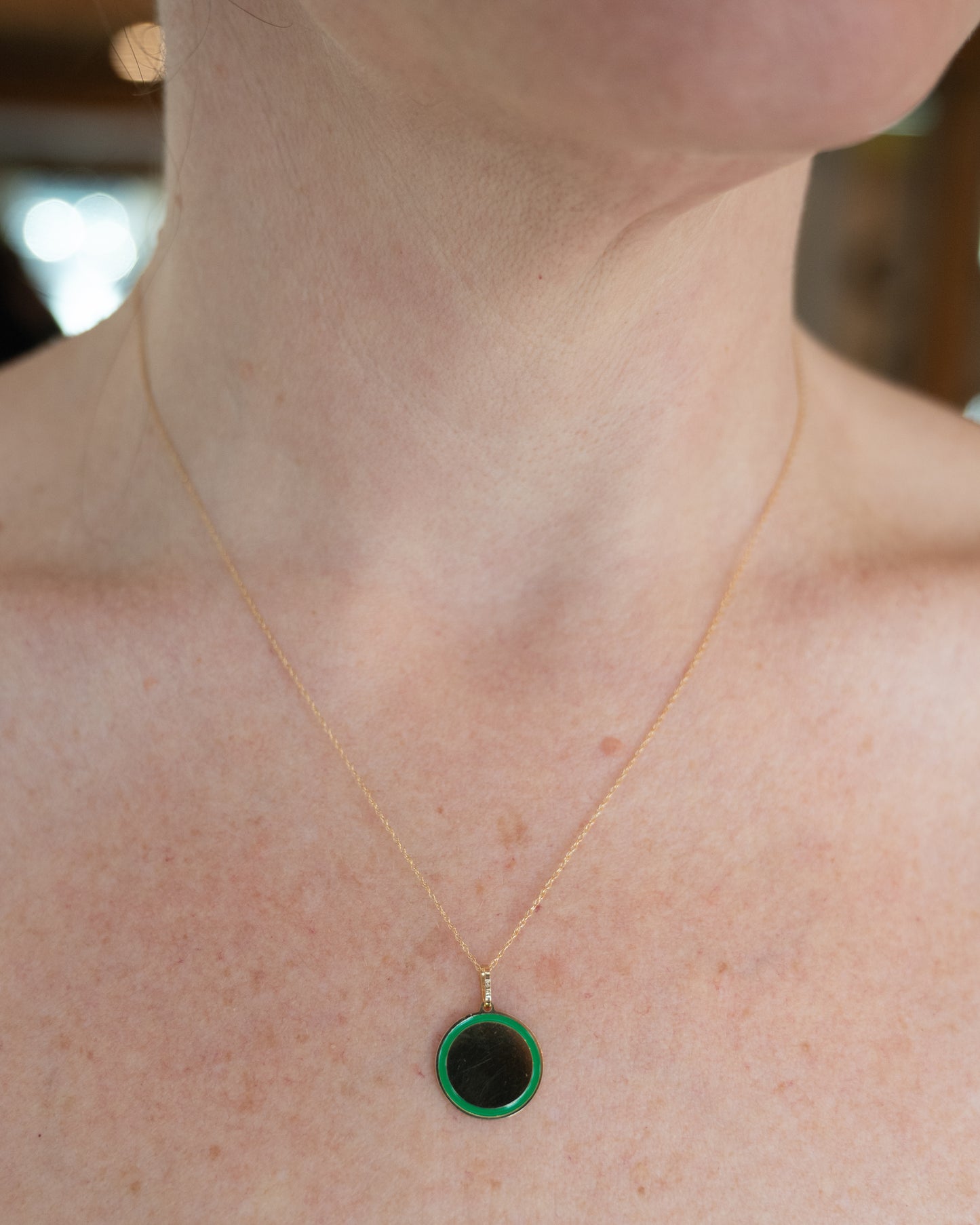 Green Enamel Disc Pendant Necklace in 14k