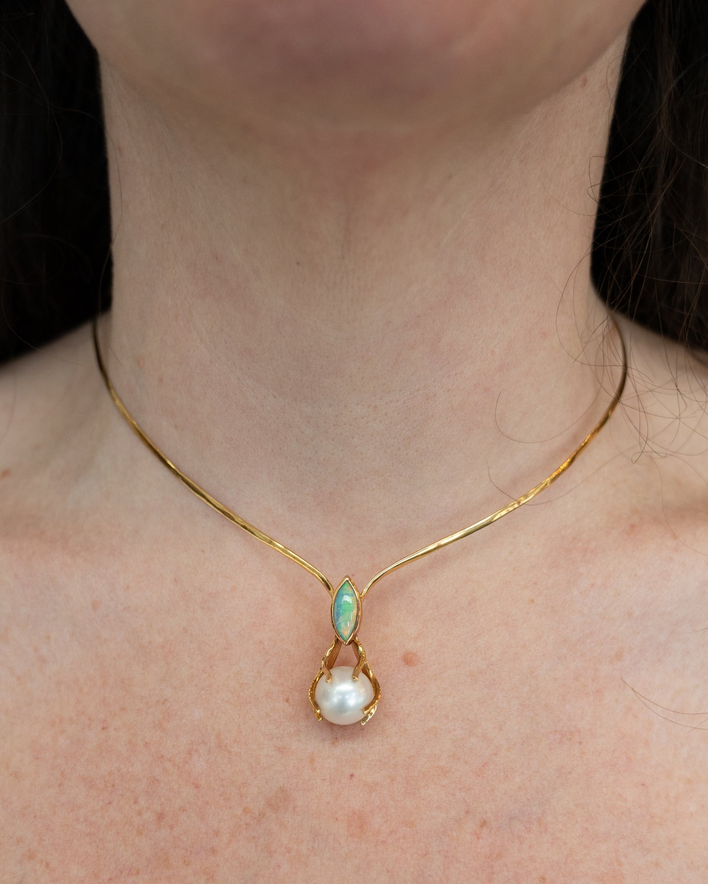 Opal & Pearl Collar Necklace in 18k Yellow Gold