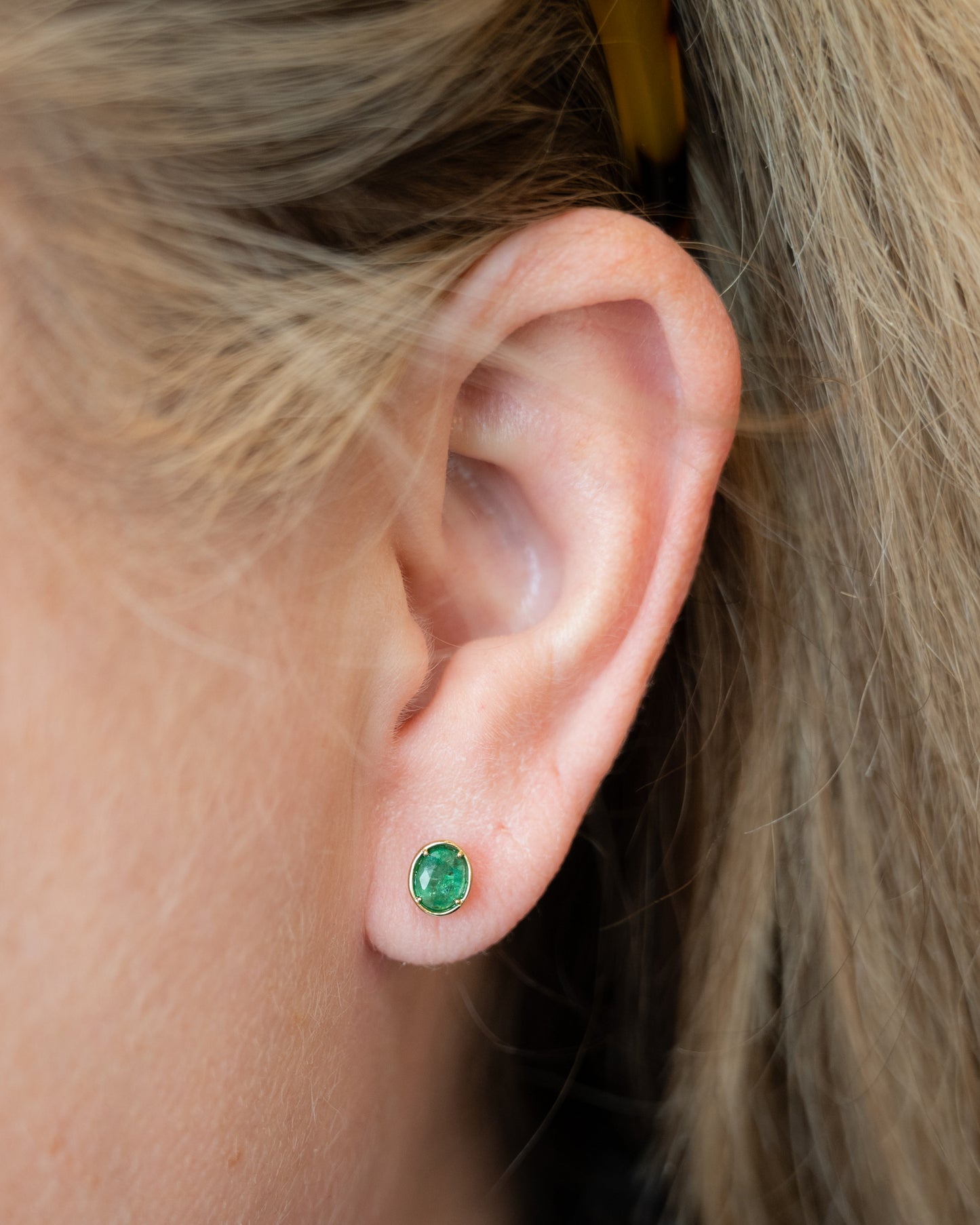 .75 Oval Cut Emerald Stud Earrings in 14k Yellow Gold