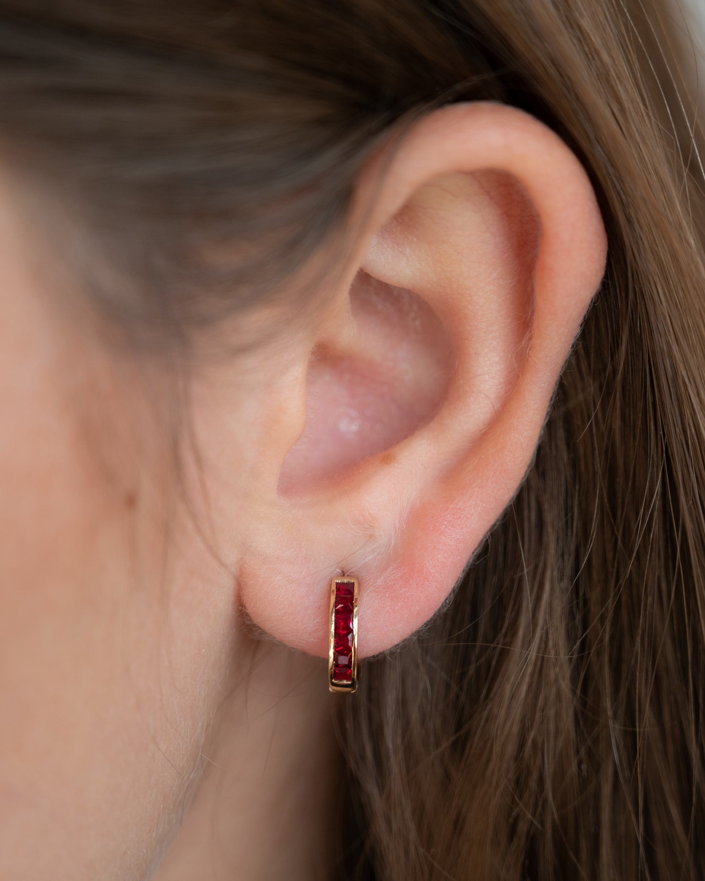 .60 French Cut Ruby Hoop Earrings in 14k Yellow Gold