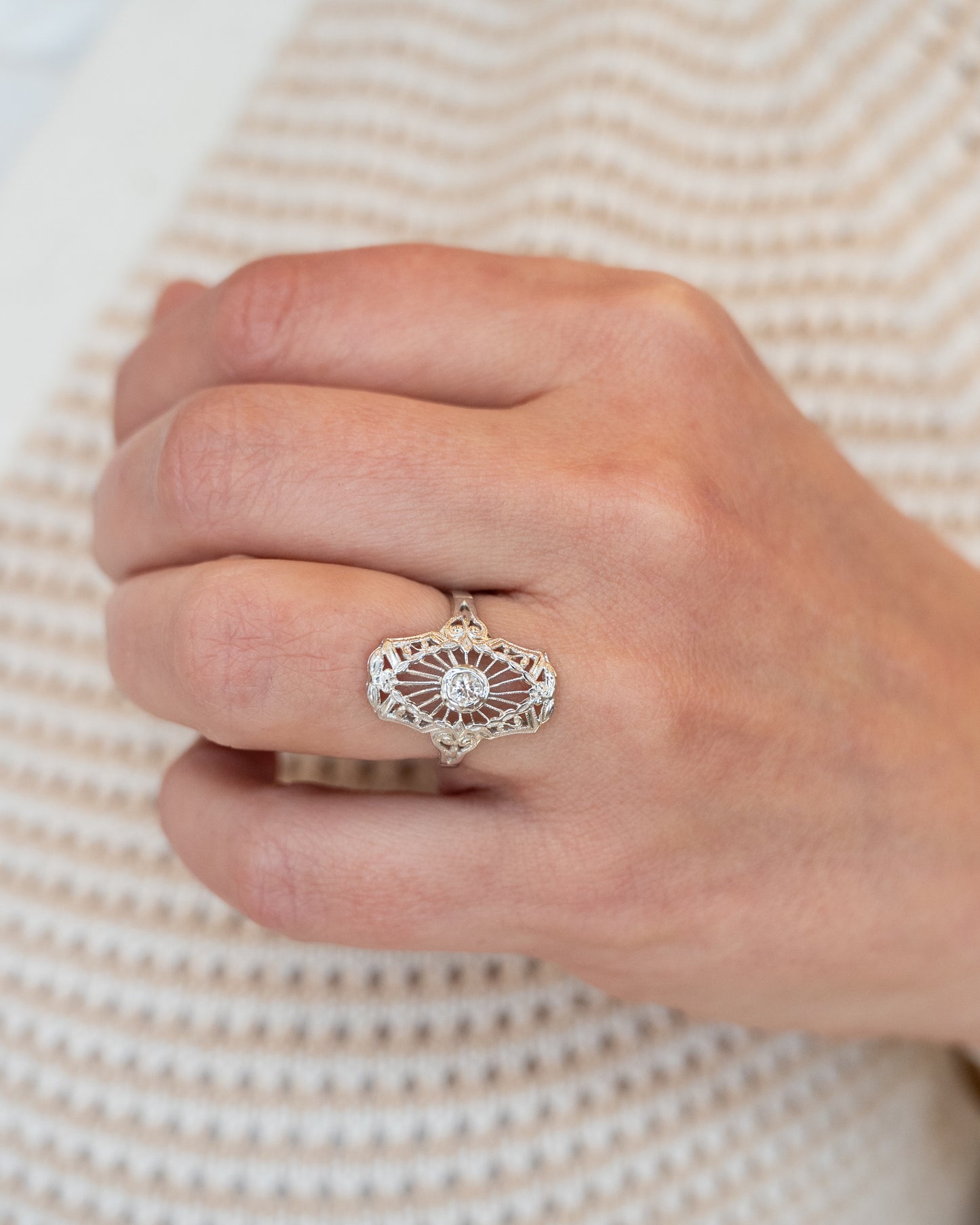 .17 Art Deco Style Filigree Ring in 14k White Gold