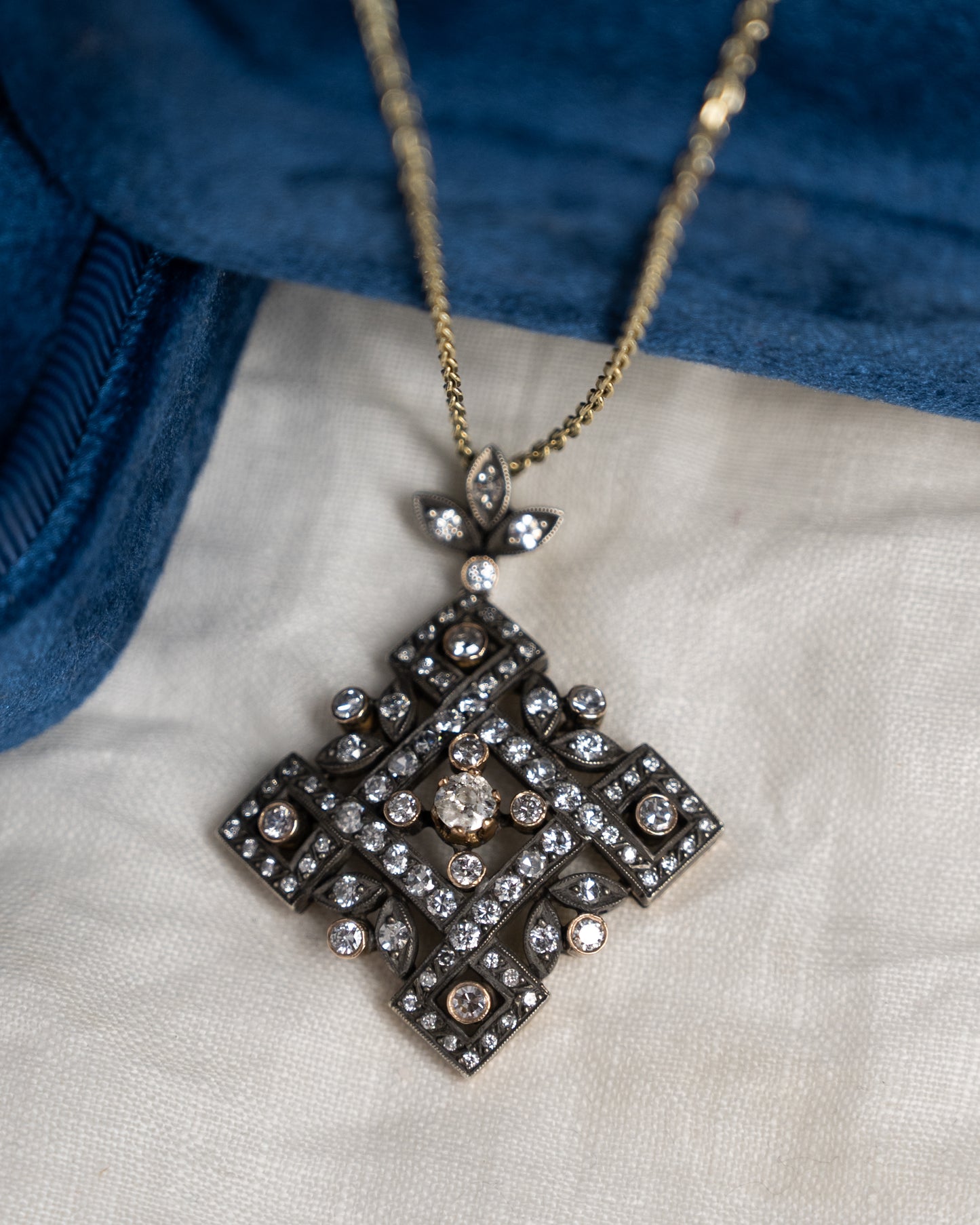 .19 Antique Inspired Old Euro Diamond Pendant Necklace 14k