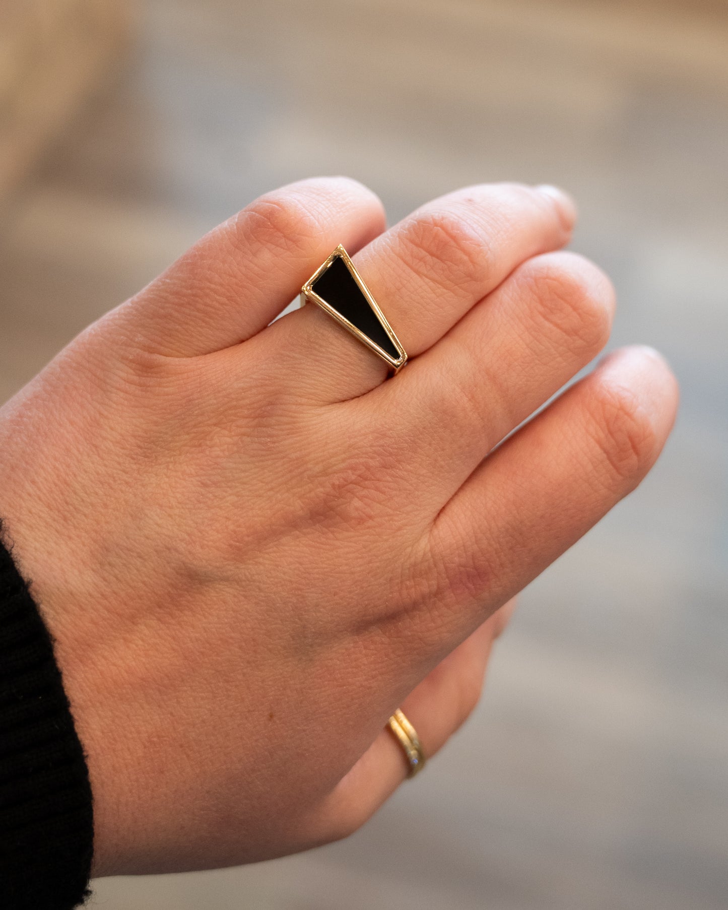 Black Onyx Triangle Cocktail Ring 14k Yellow Gold