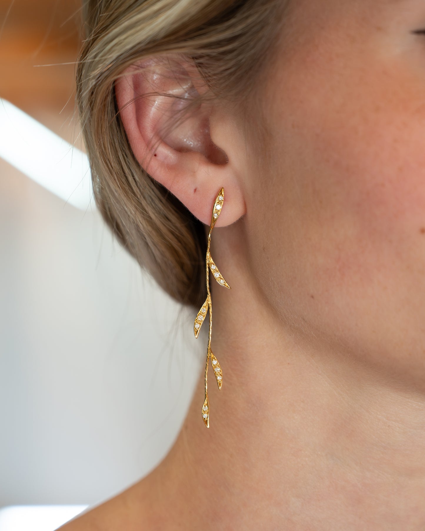 Diamond Leaf Vine Drop Earrings 18k Yellow Gold