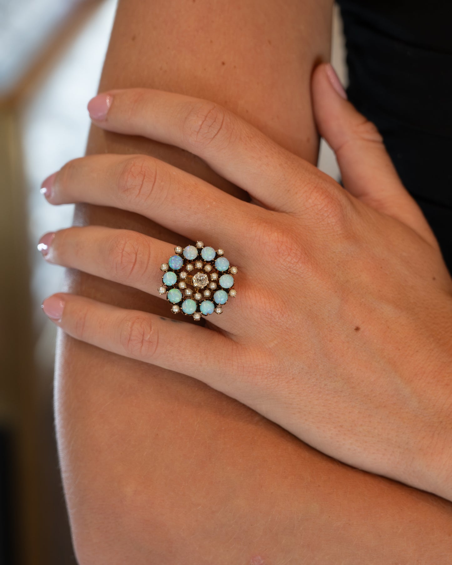 .40 Victorian Diamond Opal Pearl Cocktail Ring 14k