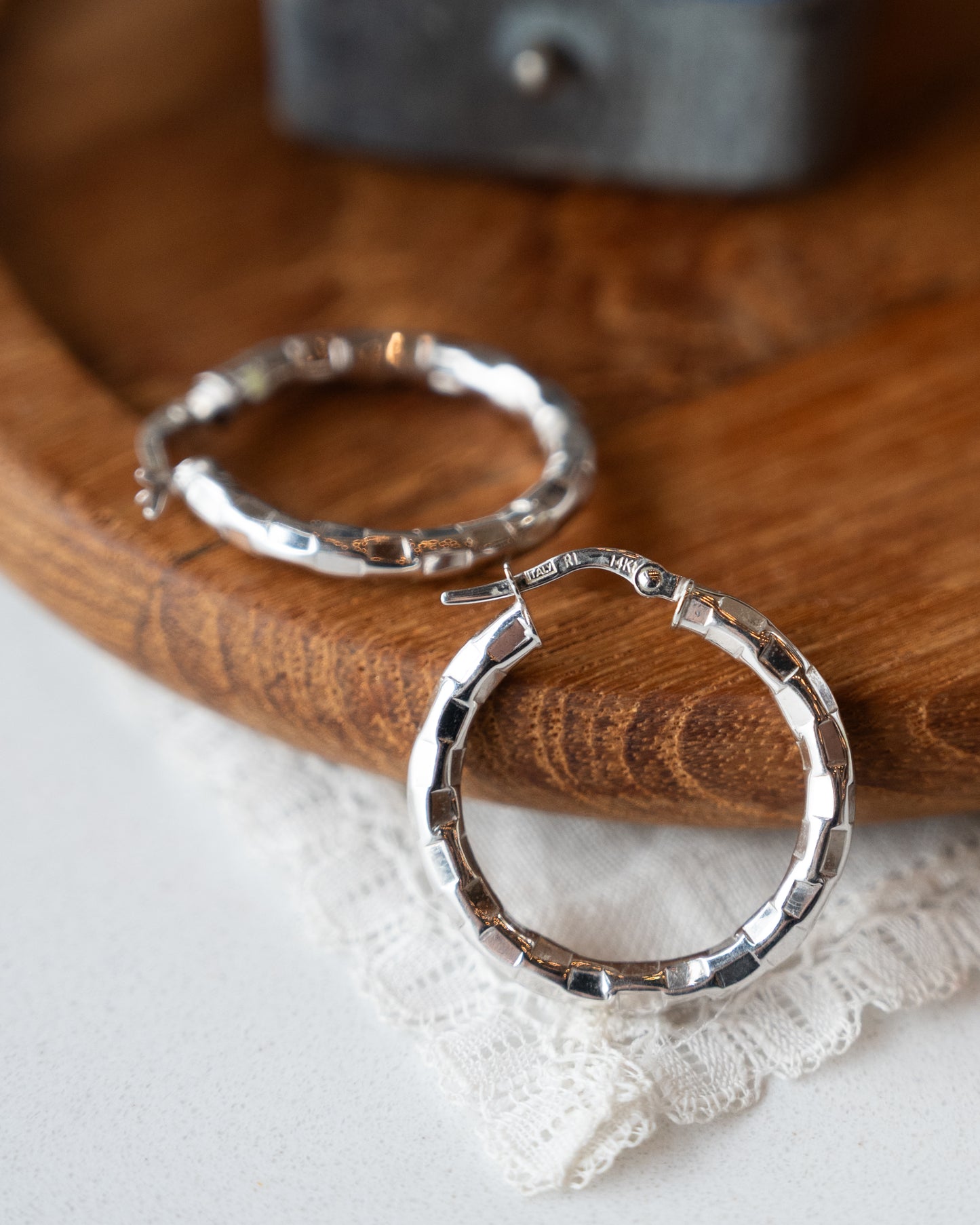 Geometric Textured Hoop Earrings 14k White Gold