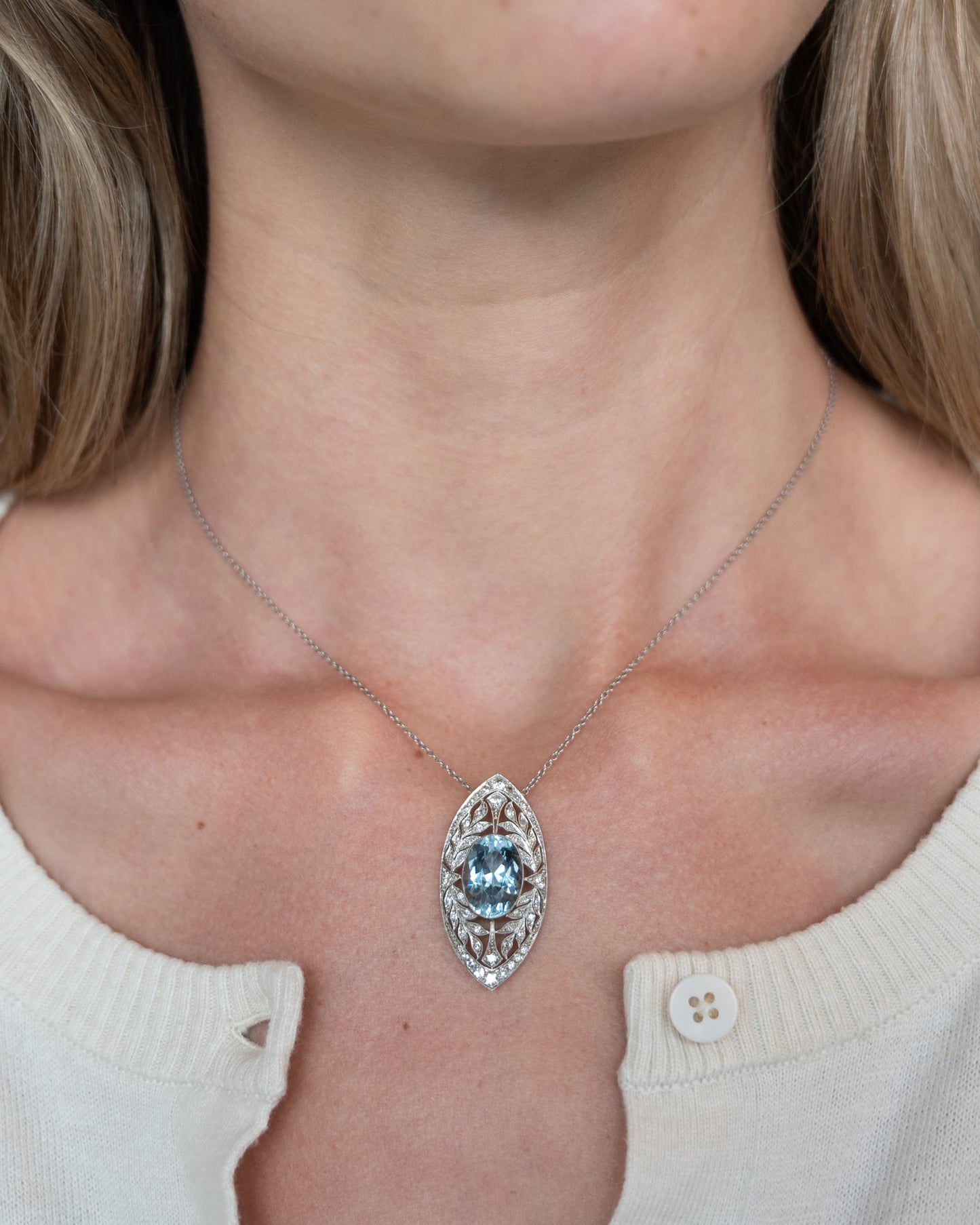 5.75 Art Deco Aquamarine & Diamond Pendant Platinum