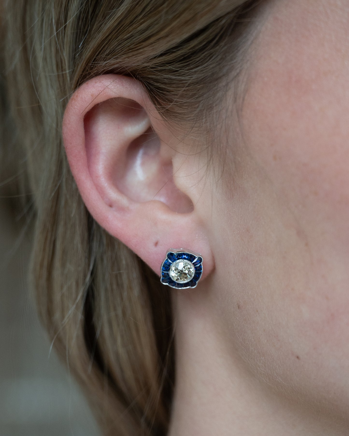 1.70 Old European Diamond Sapphire Stud Earrings Platinum