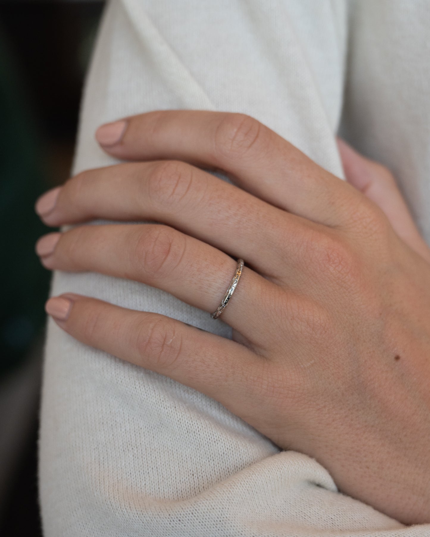 Antique Art Deco Engraved Wedding Band 18k White Gold