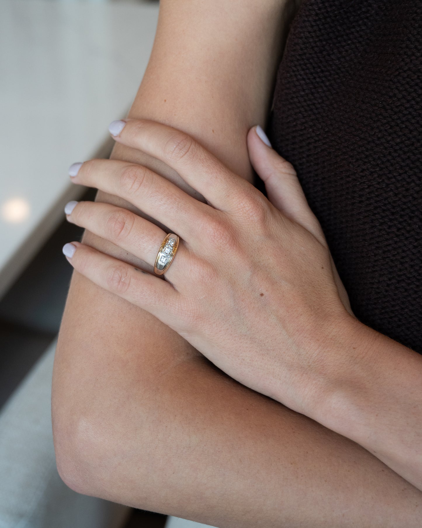 Mens Three Stone Diamond Ring Two-Tone 14k