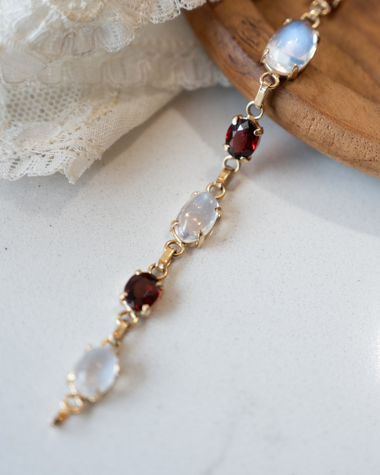 Vintage Mid-Century Moonstone & Garnet Bracelet 14k