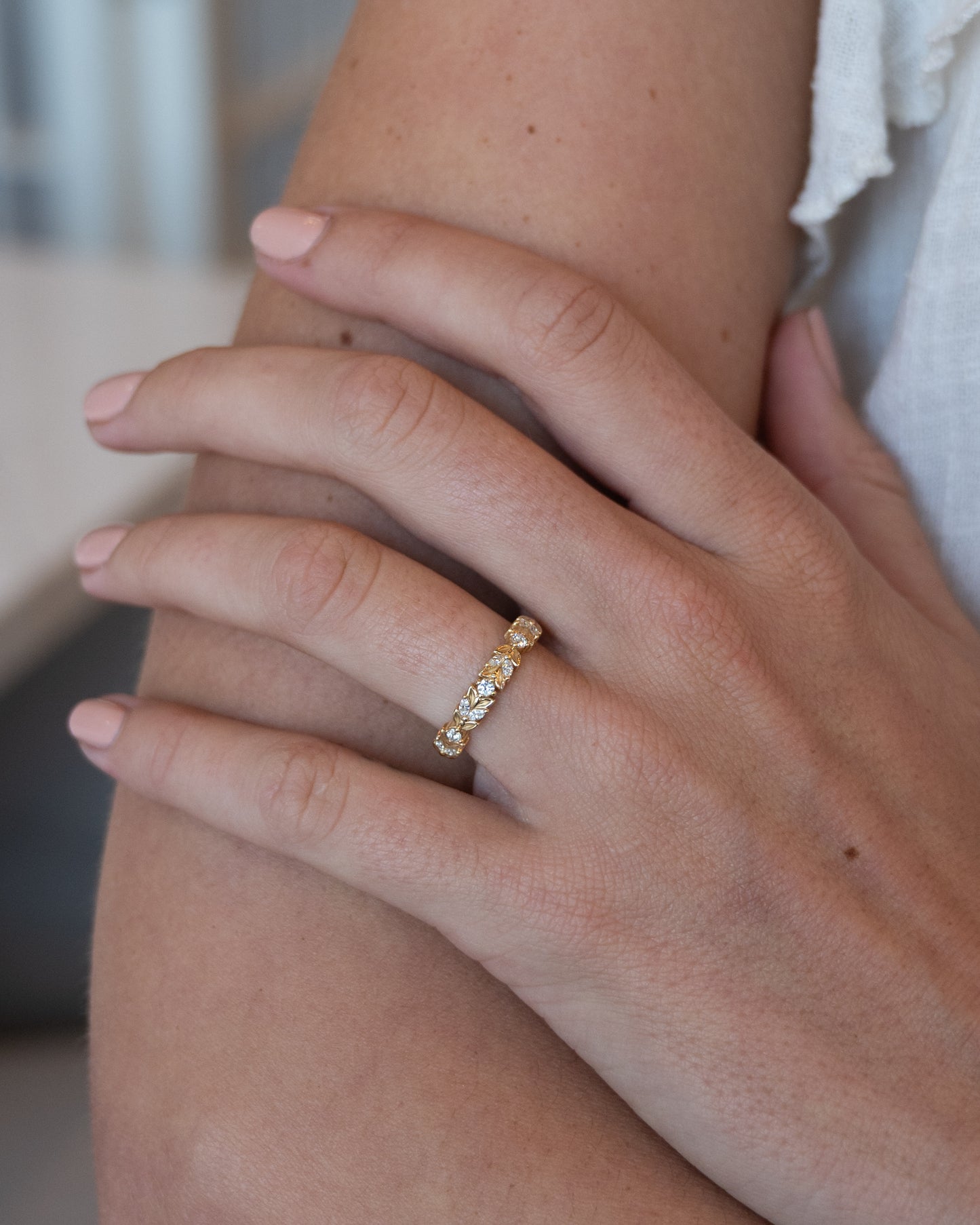 .28 Diamond Leaf Wedding Band 14k Yellow Gold