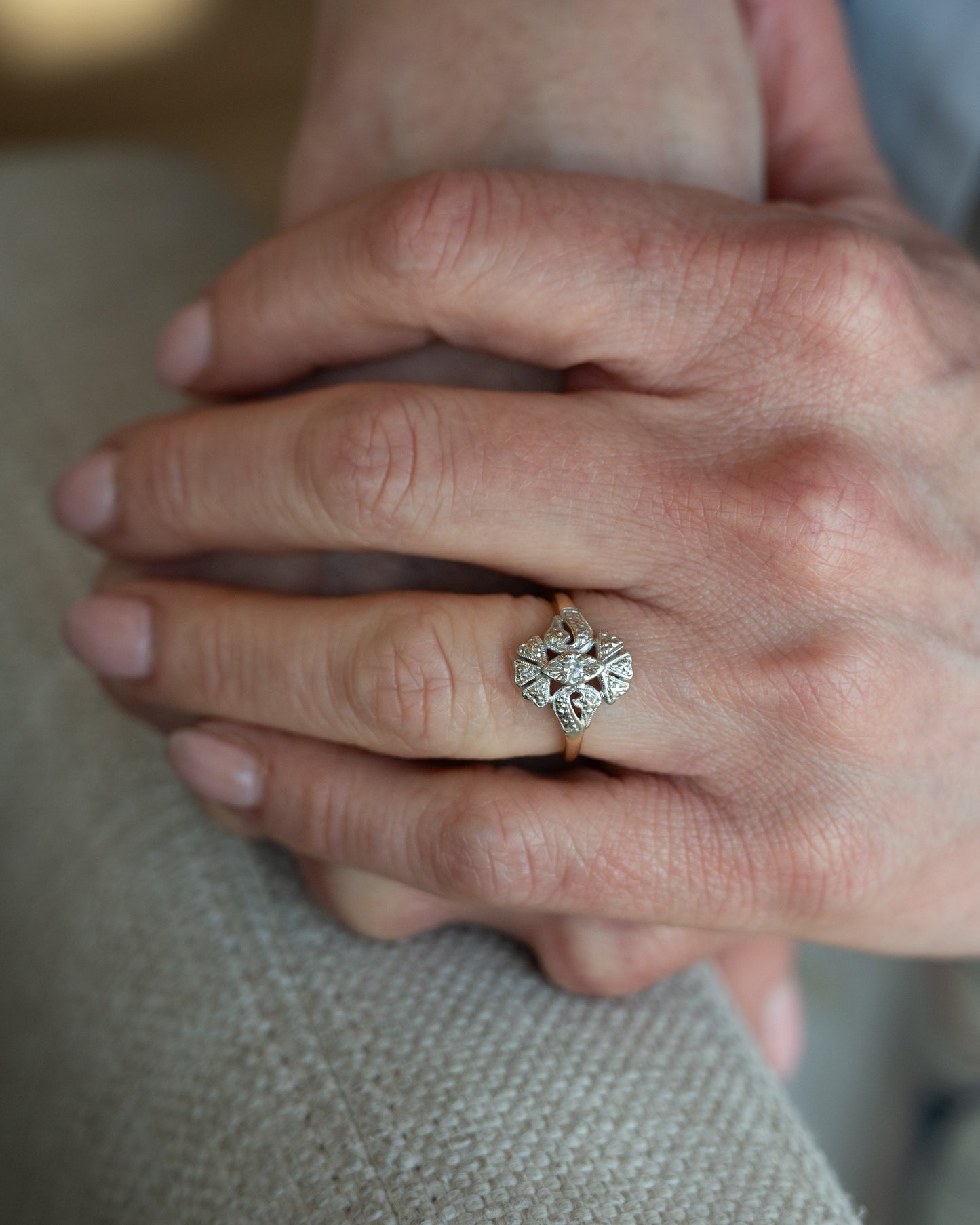 Vintage Retro Diamond Navette Ring 14k Two-Tone Gold